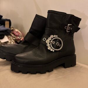 NWOT Karl Lagerfeld Black Moto Boots with Crystal Embellishment